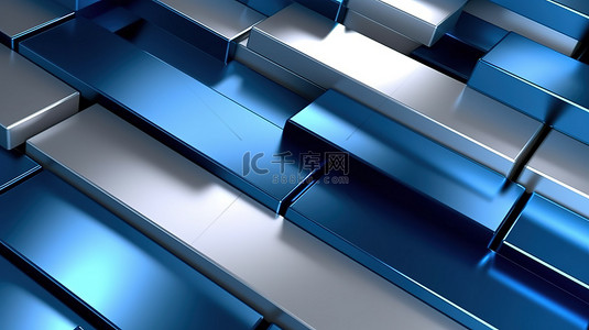 蓝色金属质感背景图片_3D 插图中闪闪发光的银蓝色金属质感