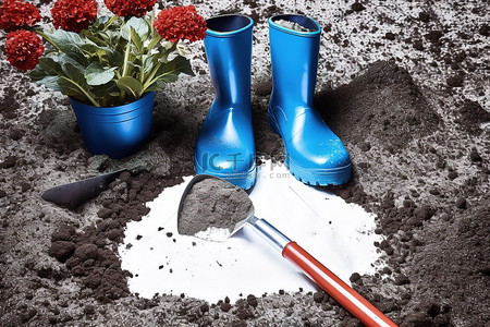 鞋花背景图片_黑色和白色土壤中的蓝色花园艺工具和靴子