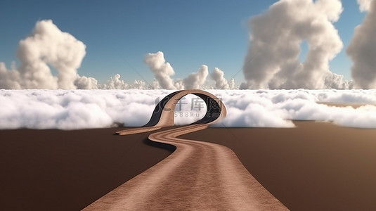 无尽的道路 一条环形高速公路的 3D 插图，具有土壤横截面和孤立的无限符号，并伴有云