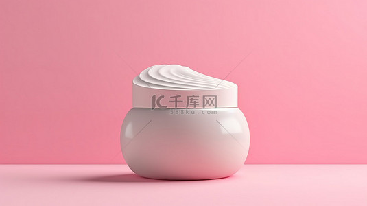 现代奶油罐的 3D 渲染站在白色基座上，在粉红色背景下优雅的护肤品包装