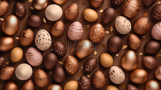 棕色背景巧克力中 3D 插图复活节彩蛋的顶视图