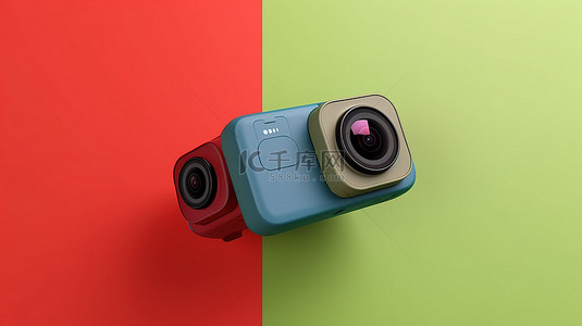 在充满活力的红色背景上以绿色和蓝色呈现动作相机的 3D 渲染
