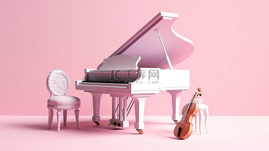 粉红色柔和三角钢琴的 3D 渲染，配有小提琴