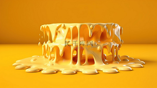 光滑的奶油奶酪酱在充满活力的黄色背景上滴着融化的奶酪 3D 插图