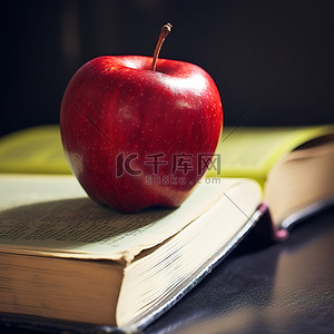 学习教育背景图片_一个苹果放在角落里一本打开的书上