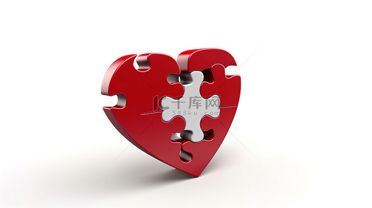 白色背景上的红色拼图和心脏的 3D 渲染非常适合情人节