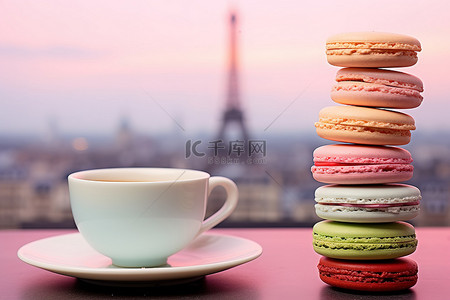 卡咖啡背景图片_桌子上放着几个色彩缤纷的马卡龙，旁边是一杯咖啡