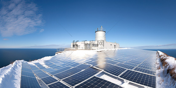 太阳能环保背景图片_阳光照在太阳能电池板上，海里有雪