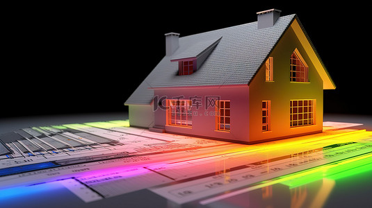 节能房屋 3D 渲染与蓝图和评级图表