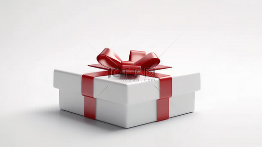 在原始背景 3D 渲染上推出带有红丝带和蝴蝶结的白色礼品盒