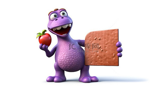 搞笑的 3D 恐龙，紫色皮肤，举着标牌和多汁的草莓