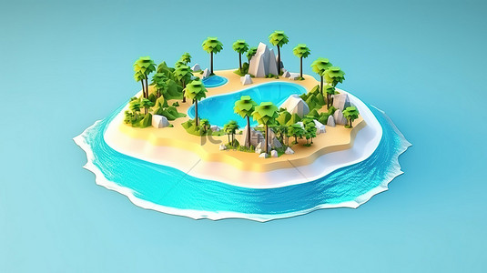 热带岛屿海滩的宁静 3D 等距视图，配有棕榈树和水晶般清澈的海水，非常适合您的下一个旅行或度假目的地