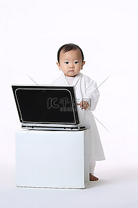 宝宝站在电脑前，手里拿着一本打开的书