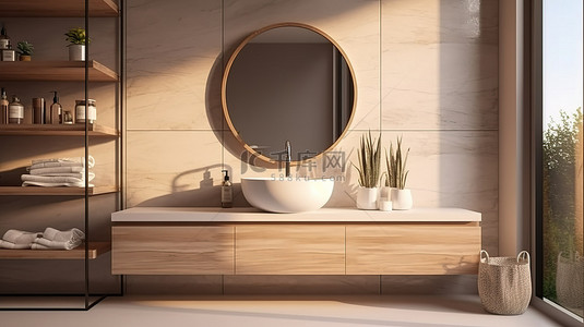 家居清背景图片_宁静的浴室环境中令人惊叹的水槽和镜子控制台，由晚霞 3D 渲染照亮
