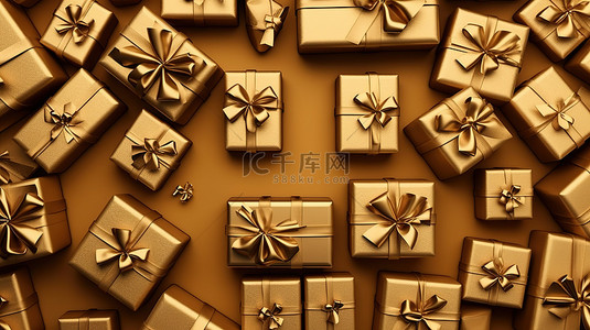 惊喜背景图片_3D 渲染顶视图，带有金色背景，强调圣诞节或生日礼物