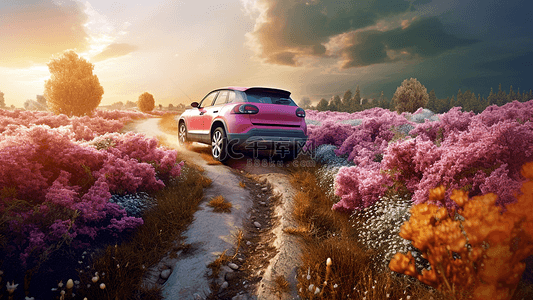 旅行粉色背景图片_汽车粉色鲜花背景