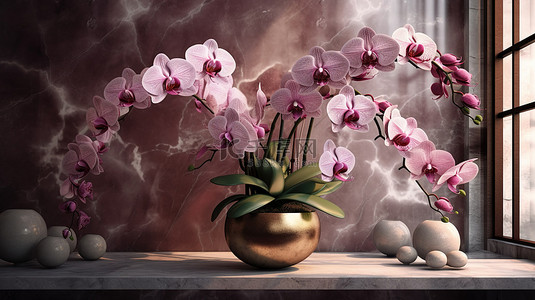精致的兰花绽放当代室内设计的 3D 渲染