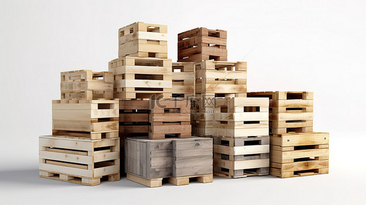 棕色3d背景图片_数字化生产的白色背景上隔离的一堆木材容器