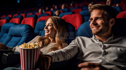 快乐的情侣在电影院里享受 3D 电影和爆米花盛宴