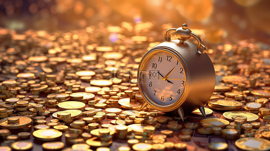 時間金錢背景图片_钟表在成堆的金币中鸣响，背景是 3D 地球仪