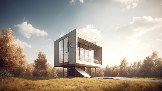 漂亮风景背景图片_迷人的 3D 可视化展示了风景优美的环境中一座时尚的三层垂直矩形房屋