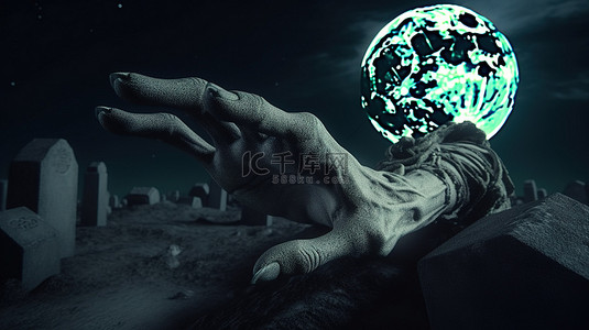 月光墓地场景 3d 渲染僵尸手从坟墓中出现