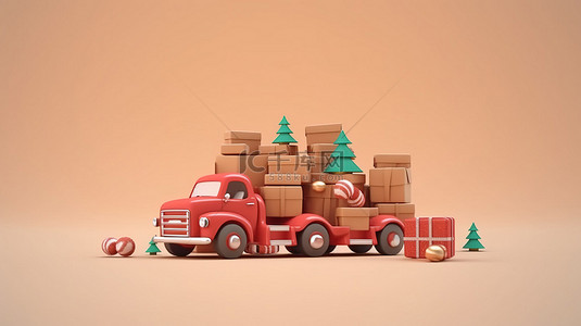 节日圣诞节卡车和圣诞老人​​在令人惊叹的 3D 渲染