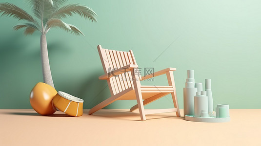 简约风格 3D 渲染暑假概念，配有沙滩椅和夏日元素
