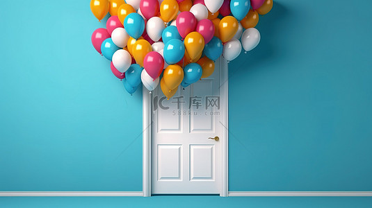 白色飘气球气球背景图片_充满活力的气球飘过封闭的白色门，在蓝色背景下简约的 3D 渲染