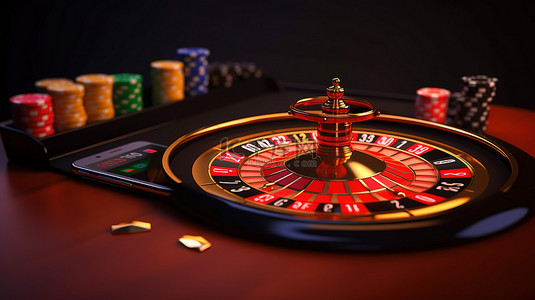 真实的 3D 轮盘赌轮和老虎机，带有硬币和电话，紫色背景在线赌场主题