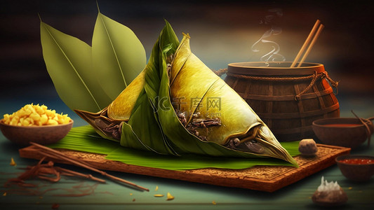 端午船只背景图片_端午节粽子船只叶子食物