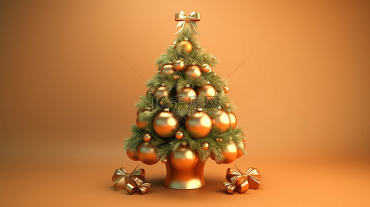 3D 渲染节日圣诞节和新年树的插图，装饰着闪闪发光的球和蝴蝶结