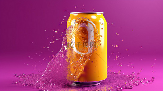 清爽黄色背景背景图片_清爽的紫色饮料罐，在充满活力的黄色背景 3D 渲染上带有珠状水分