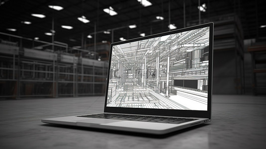系统自动背景图片_笔记本电脑上显示的工厂 AI 系统 3D 渲染