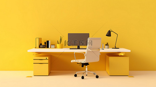 成功交易者的最小柔和黄色单色办公桌侧视图的 3D 渲染