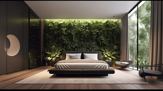 酒店室内设计背景图片_带花园的现代酒店卧室 3D 渲染插图融合自然与奢华
