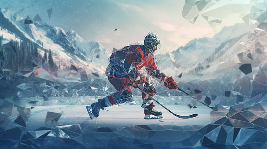 全景环绕背景图片_冰球运动员在茂密的森林和雄伟的山脉环绕的溜冰场中的多边形风格 3D 插图