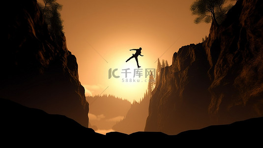 3D 渲染景观中一名男子跳过悬崖的轮廓