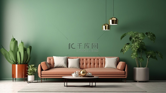 复古风格室内海报的 3D 渲染，以棕色沙发和绿色墙壁为特色
