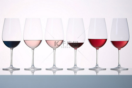酒杯和葡萄酒在白色前面排成一排
