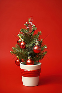 装饰小圣诞树背景图片_红色小盆里的一棵小圣诞树