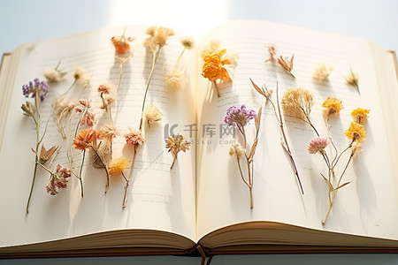干花背景图片_在一本打开的书里的干花
