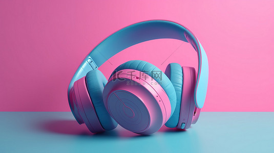 蓝色背景增强了 3d 粉红色耳机渲染