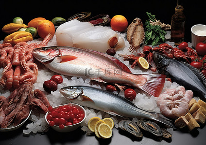 生鲜鱼背景图片_桌子上放着冷海鲜鱼和其他物品