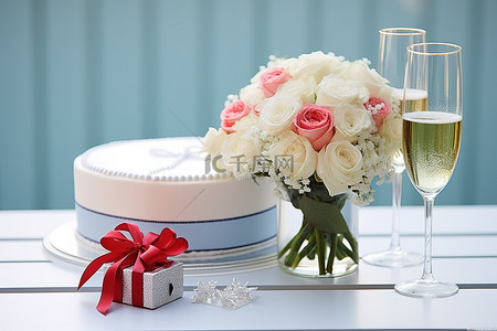 婚礼蛋糕鲜花花篮和香槟礼物