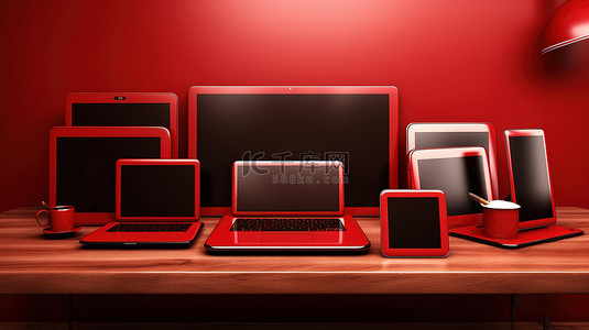 红色办公桌背景的 3D 插图，配有电脑笔记本电脑手机和数字平板电脑