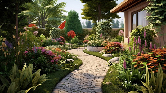 花园真实背景图片_令人惊叹的 3D 花园设计和渲染