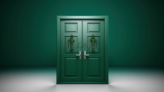 关闭的绿色门的 3d 渲染