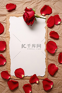玫瑰花瓣放在一张纸旁边，纸上有一朵红玫瑰
