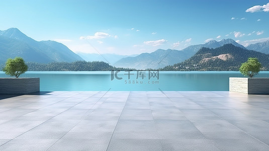 风景秀丽的山景和湖景 3D 渲染为空荡荡的混凝土停车场地板创造了令人惊叹的背景